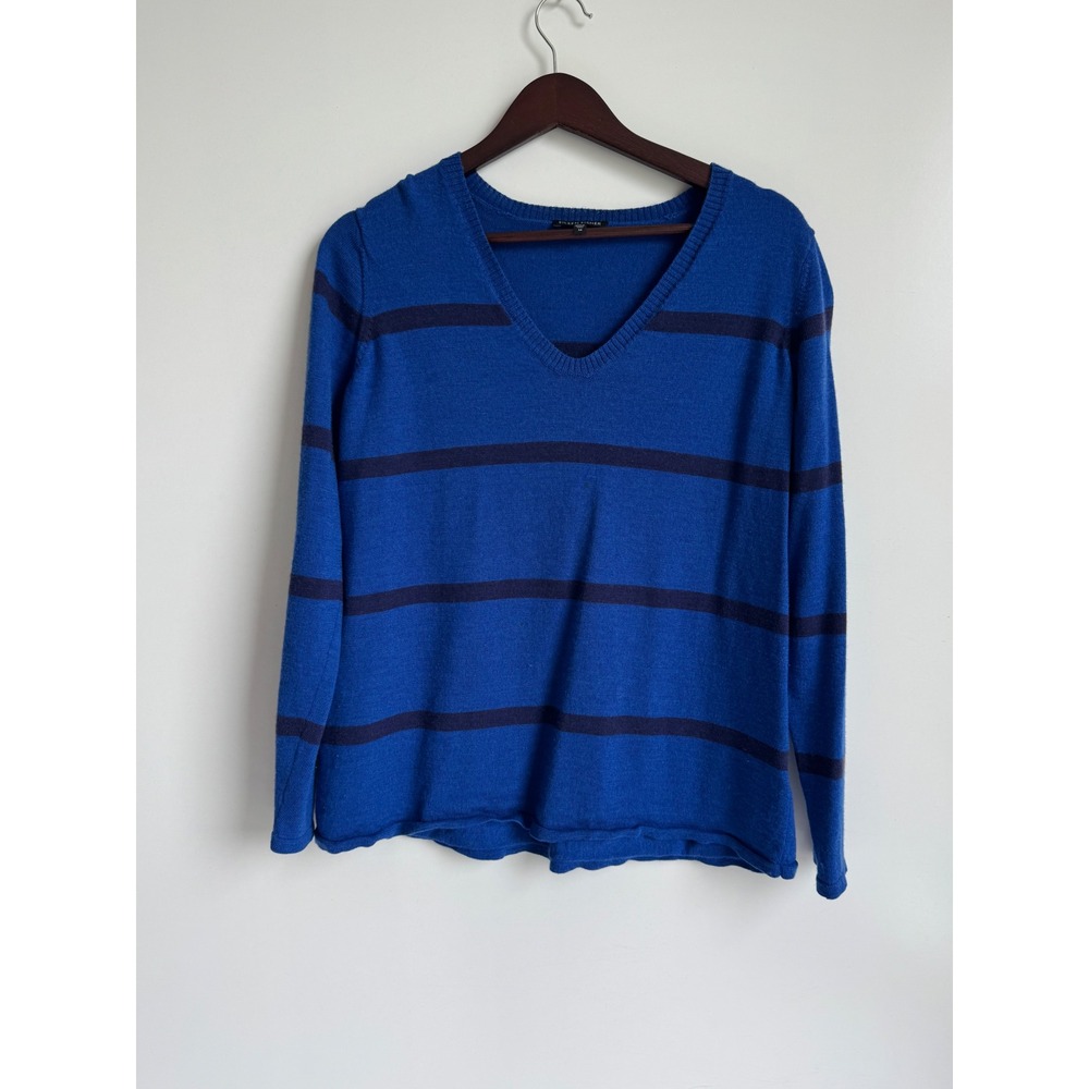 Eileen Fisher Blue Striped 100% Merino Wool V-Neck Sweater M Nautical Minimalist